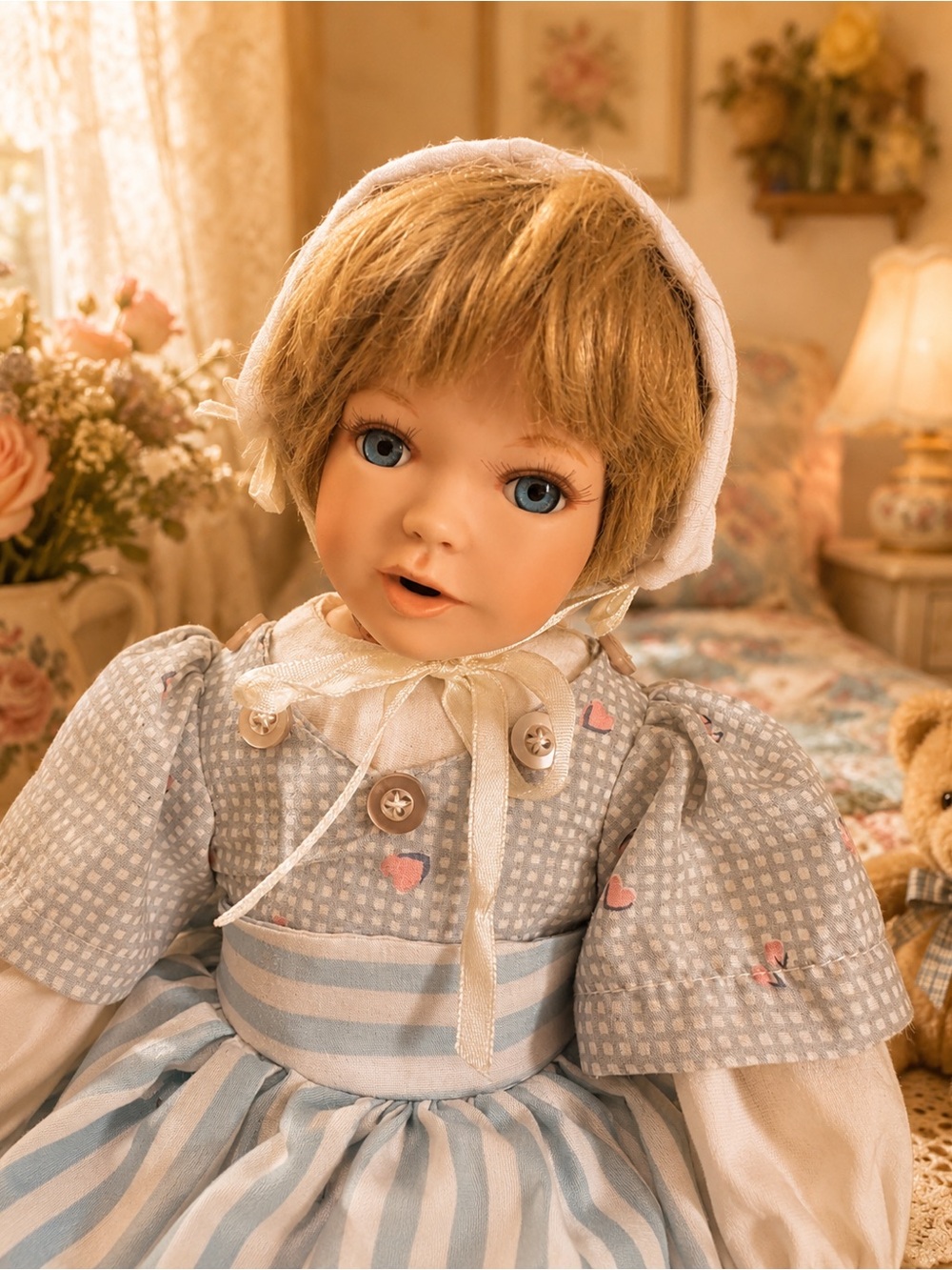 Classic Blue and White Striped Doll with Bonnet - Kids Toys músic included
